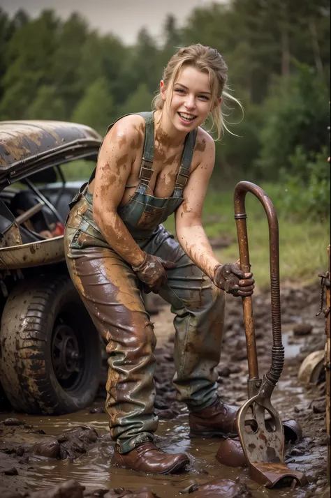 female mechanic at work, grimy overalls, greasy, muddy, holding a wrench, bent over, open overalls, curvy, cute smile, masterpie...