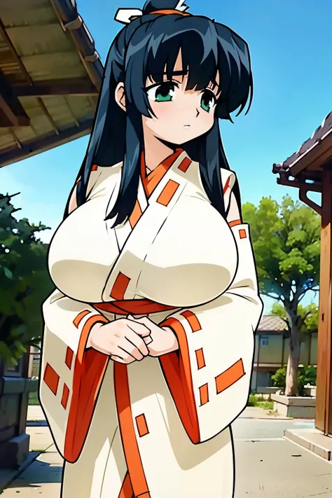 masterpiece, best quality, high resolution, 2D, anime cels, 8K,Official art, sakura, out doors, yamagami shino, final romance, final romance 4, 1girl, (huge breasts:1.2), miko, (runing), cowboy shot, black hair, looking away