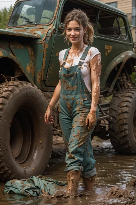 Female mechanic at work, grimy clothes, greasy, muddy, bent over, open overalls, cute smile, masterpiece, vivid, photorealistic, bare skin, muddy outdoors