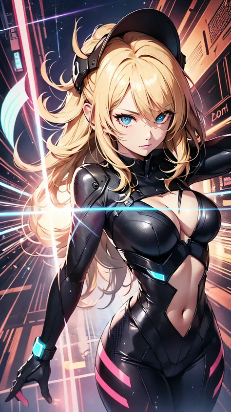 最high quality、best image quality、masterpiece、Android Girl((Robot body、20-year-old、 By becoming、vest bust、medium bust,wide open breast tea、black eye, blonde hair、long hair、thin,highest valley、glowing battle uniform、elationのある動き、超high speed、Feeling of sprint...