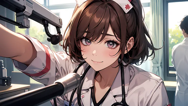 Best Quality, Nurse、Very cute、A smile、bobhair、Brown hair、hospitals、I want to blush、Staring at this,、winc、Grab a stethoscope、Brandishing a stethoscope、detailed face, detailed eyes, detailed nose
