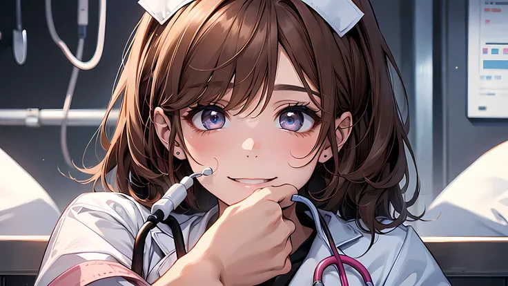 Best Quality, Nurse、Very cute、A smile、bobhair、Brown hair、hospitals、I want to blush、Staring at this,、winc、Grab a stethoscope、Brandishing a stethoscope、detailed face, detailed eyes, detailed nose
