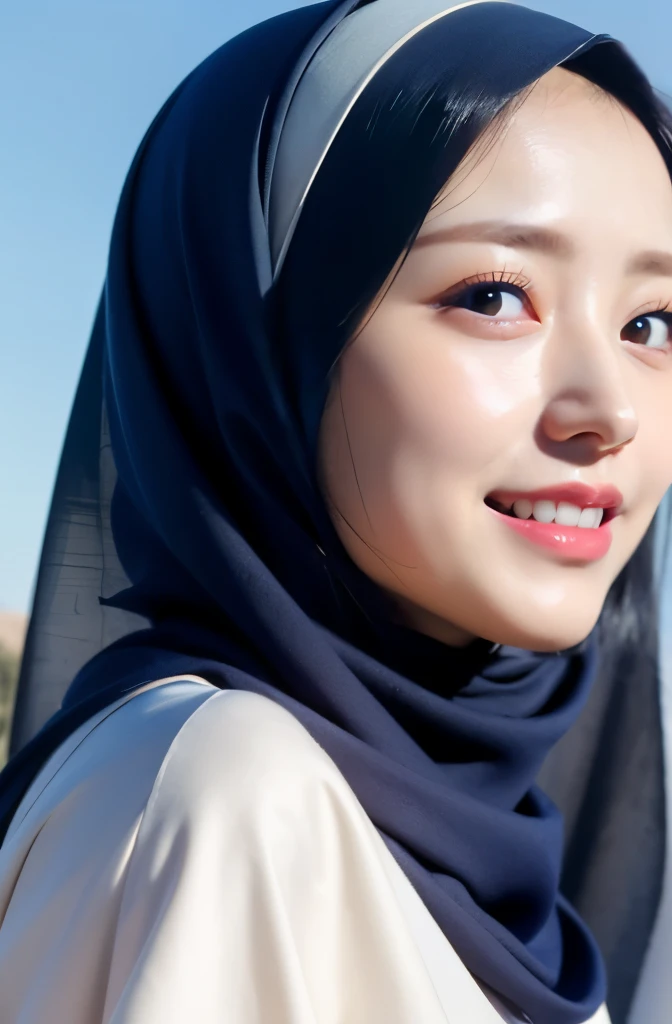 Wear hijab blue collor, ((Best quality, 8k, Masterpiece :1.37)), position:sitting, ( women in hijab), women in hijab blue, style model, ( women in hijab), beautiful face, Beautiful detailed eyes, Korean eyes, nose detail, Natural Lips, 18 year old girl, bl...