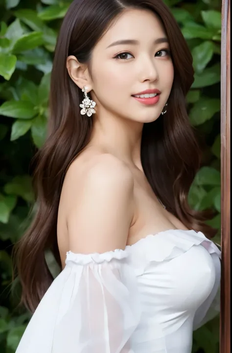 (18-year-old sweetheart), (big breasts:1.3),   Flower garden in the background、Off-shoulder long dress with retro white ruffles、Let your hair flutter in the wind、(master piece: 1.3), (maximum resolution: 1.4), (ultra high vision: 1.2), cinematic light, ult...