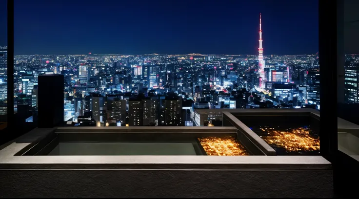 Night view of the city from the bathroom with large windows, set in Tokyo rooftop, on future Tokyo night rooftop, on rooftop Tokyo night, luxury hot springs, like that, Tokyo in the background, penthouse, Tokyo japan, Tokyo, overlooking a modern city, City...