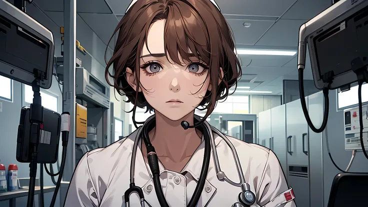 Best Quality, Nurse、50 year old woman, blank face, bobhair、Brown hair、hospitals、confused、Staring at this,、winc、Grab a stethoscope、Brandishing a stethoscope、detailed face, detailed eyes, detailed nose