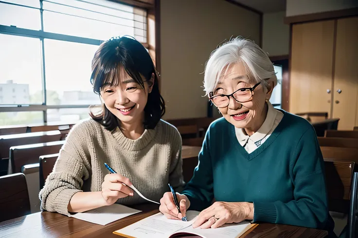 Masterpiece of elderly Japanese people studying English in a (((modern community centre))) classroom, Leica camera, Ektachrome film. (vintage:1.3), (authentic:1.5), (realistic:1.4), (detailed:1.1), elderlies engaged in studies, vintage Leica in hand, Ektac...