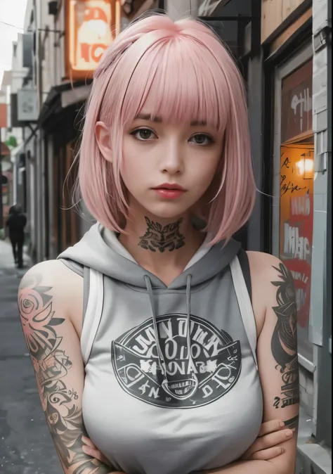 Top quality, masterpieces, RAW photos, photorealistic, detail, women, hoodies, tattoos on arms, portraits, asymmetrical bangs, band-aids, short hair, bangs, chest, freckles, gray eyes, big breasts, people watching, tattoos on the neck, nose piercings, pink...