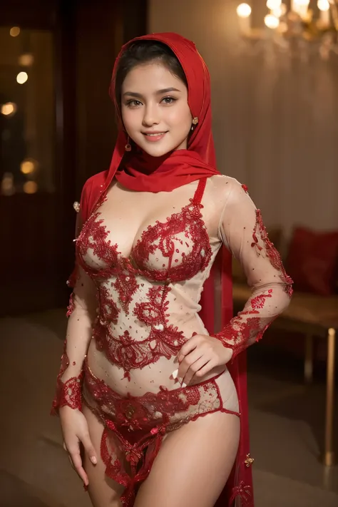 beautiful, cute baby face, 18 years old russian muslim girl, (wearing red hijab), beauty hijab, sexy long sleeves seethru kebaya...