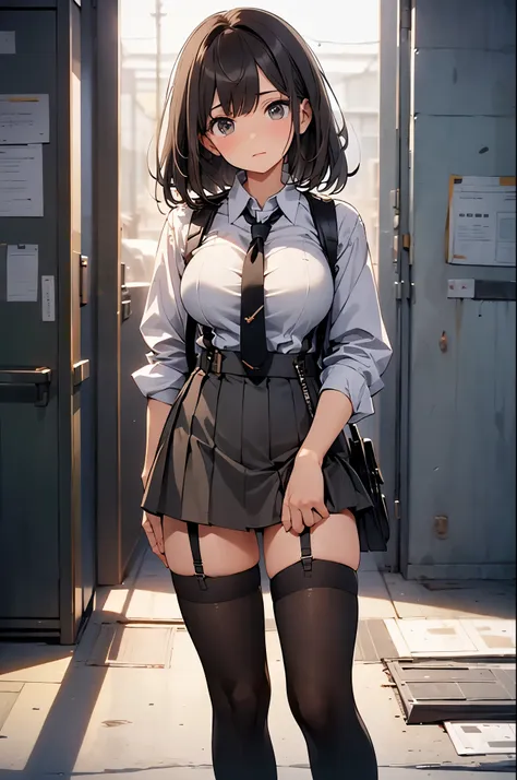 brown hair、looking at the viewer　　suspenders　　　Bulging big breasts　　 　 　　　　Black miniskirt　garter belt　knee high socks　　　　　　Gaze　　　small face　bangs 　　　　　Beauty　　hands up　　 　Gaze 　black boots 　provocation　　　one person 　　　cutter shirt　　Panty shot　hands behin...