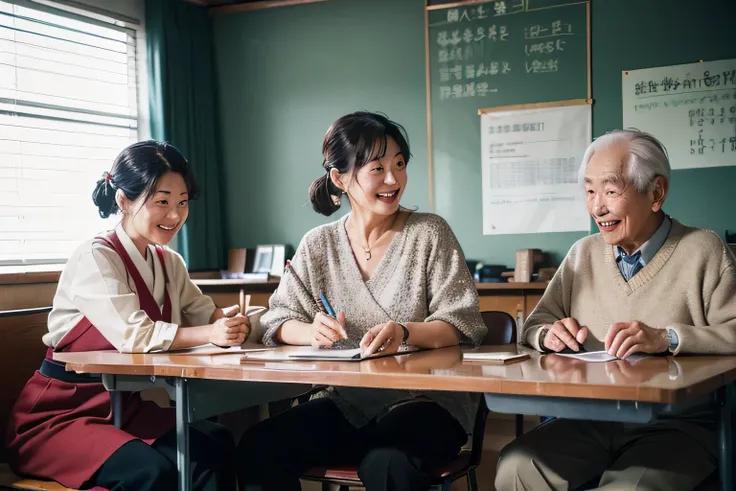 Masterpiece of elderly Japanese people studying English in a (((modern community centre))) classroom, Leica camera, Ektachrome film. (vintage:1.3), (authentic:1.5), (realistic:1.4), (detailed:1.1), elderlies engaged in studies, vintage Leica in hand, Ektac...