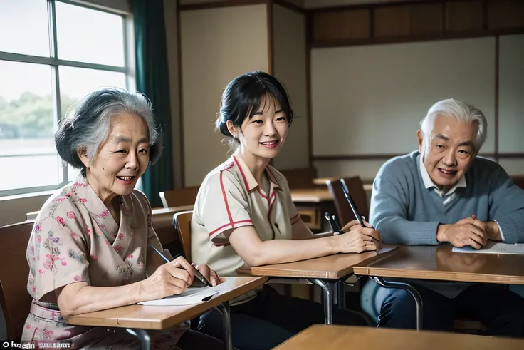 Masterpiece of elderly Japanese people studying English in a (((modern community centre))) classroom, Leica camera, Ektachrome film. (vintage:1.3), (authentic:1.5), (realistic:1.4), (detailed:1.1), elderlies engaged in studies, vintage Leica in hand, Ektac...