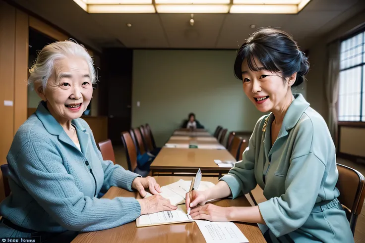 Masterpiece of elderly Japanese people studying English in a (((modern community centre))) classroom, Leica camera, Ektachrome film. (vintage:1.3), (authentic:1.5), (realistic:1.4), (detailed:1.1), elderlies engaged in studies, vintage Leica in hand, Ektac...