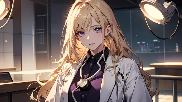 Photorealistic beautiful doctor、stunningly beautiful、doctors white coat, Collared shirt、(top-quality、8K、32K、​masterpiece、nffsw:1.3)、超A high resolution,(Photorealsitic:1.4),Raw photography, Detailed face,long straight blonde hair, ((Doctor Style)), Purple s...