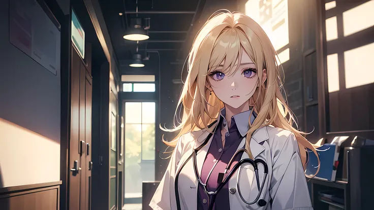 Photorealistic beautiful doctor、stunningly beautiful、doctors white coat, Collared shirt、(top-quality、8K、32K、​masterpiece、nffsw:1.3)、超A high resolution,(Photorealsitic:1.4),Raw photography, Detailed face,long straight blonde hair, ((Doctor Style)), Purple s...