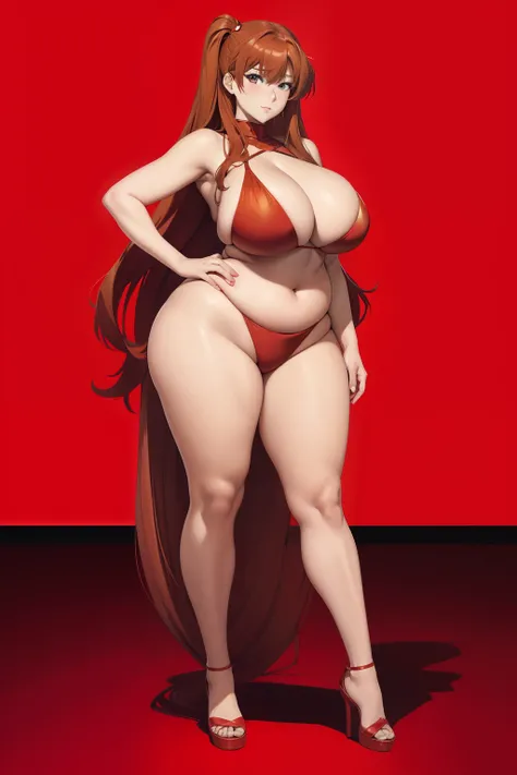 Full body portrait photo of anime bbw girl in red bikini with long hair and big breasts, very fat curvy body, wide waist and wide hips, round and beautiful face, very similar portrait of asuka langley Soryu, asuka langley, anime female characters, evangeli...