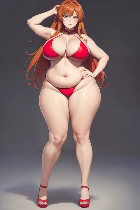 Full body portrait photo of anime bbw girl in red bikini with long hair and big breasts, very fat curvy body, wide waist and wide hips, round and beautiful face, very similar portrait of asuka langley Soryu, asuka langley, anime female characters, evangeli...