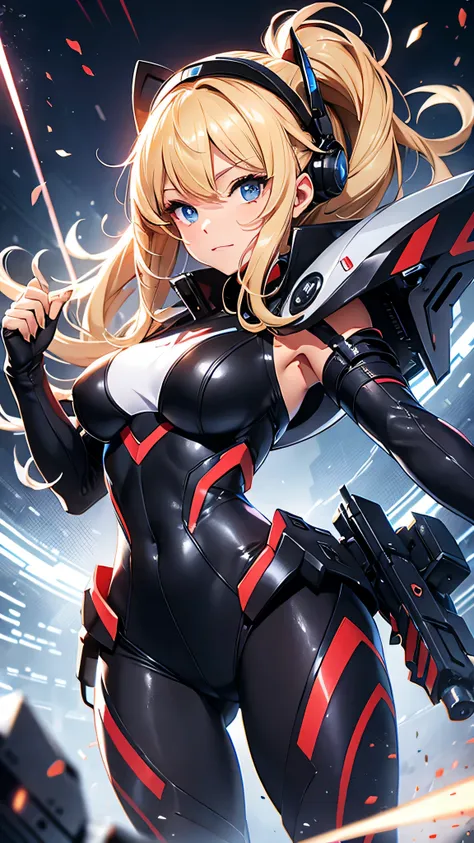 最high quality、best image quality、masterpiece、Android Girl((Robot body、20-year-old、 By becoming、vest bust、medium bust,wide open breast tea、black eye, blonde hair、long hair、thin,highest valley、glowing battle uniform、elationのある動き、超high speed、Feeling of sprint...