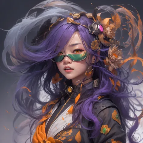 Chapter 3679 The Year of Cyberpunk（masterpiece，HD，超HD，32k lotus root starch）Bright purple flowing hair，autumn pond， lotus root starch color， Asian （Michiko）， （silk scarf）， fighting stance， looking at the colorful balloons， Orange gradient long hair， ((Thic...