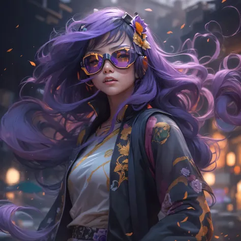 Chapter 3679 The Year of Cyberpunk（masterpiece，HD，超HD，32k lotus root starch）Bright purple flowing hair，autumn pond， lotus root starch color， Asian （Michiko）， （silk scarf）， fighting stance， looking at the colorful balloons， Orange gradient long hair， ((Thic...