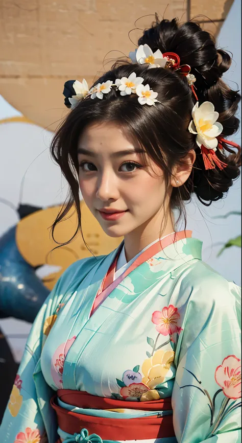 8K, top-quality, hight resolution, Bishoujo 1 25 years old,  Flower steamed buns,A slight smil, (traditional Japanese kimono:1.3)、Luxury kimono、no wrinkles at all,watercolor paiting, (Flower hair ornament:1.3)