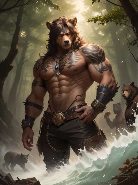 Man athletic physique, tattoos, werewolf bear, double headed, two heads, brown skin, steampunk details, in the woods, art by Ralph Horsley, waves, digital art, style by Jean Baptiste Monge,
Bright, beautiful, explosion