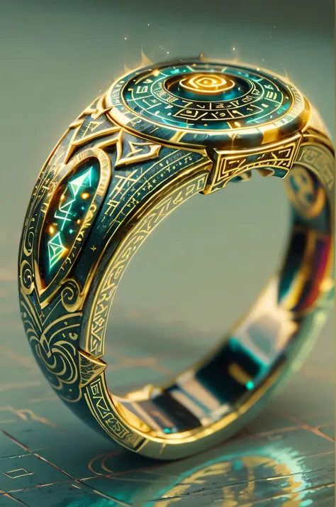 (Best quality,4K,a high resolution), foreground, glowing rune AI,round gold ring with fantastic magical atmosphere,elegant, with intricate glowing runic lines,shiny and eye-catching,runic ring with small, a sparkling rainbow-colored diamond on top,together...