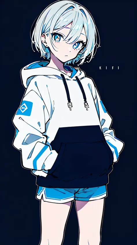 (masterpiece, highest quality:1.6), alone, thick outline, (simple background, Dark blue background, monochrome, dark blue theme:1.2), official art, Key Visual, 8K, disorganized, whole body, (unique hair, Oversized Hoodies, hot pants, arch back, short torso...