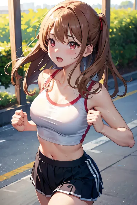 ((4K, masterpiece, highest quality)), 1 girl, anime, Light brown SHRT hair, red eyes, center parted hair, medium breasts, cute, blush, running, white sports bra, morning, Sweat,pleated skirt,school swimwear, Gym, training