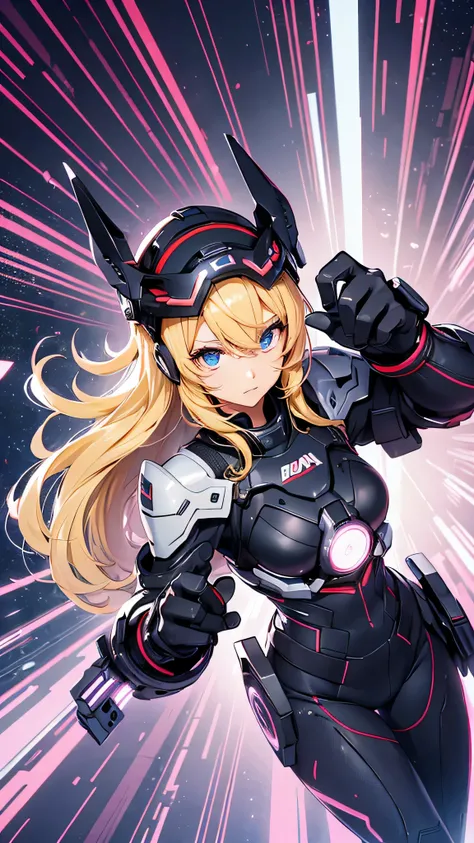 最high quality、best image quality、masterpiece、Android Girl((Robot body、20-year-old、 By becoming、vest bust、medium bust,wide open breast tea、black eye, blonde hair、long hair、thin,highest valley、glowing battle uniform、elationのある動き、超high speed、Feeling of sprint...