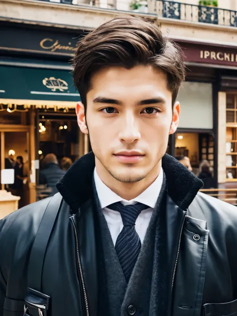 Jacketed,  attractive male, completion ， perfect face, Beautiful and graceful straight gaze,lack of beard (clean shaven),Japanese,Handsome guy,Paris city center、spring