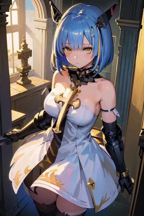 (best quality:1.3), (masterpiece:1.3), (illustration:1.3), (ultra-detailed:1.3), (mid shot:0.9), 1girl, medium breasts, yellow eyes, hair ornaments, indoors, thigh-highs, upper body, white dress, gauntlet, greaves, short bobbed hair, gascogne (azur lane), ...