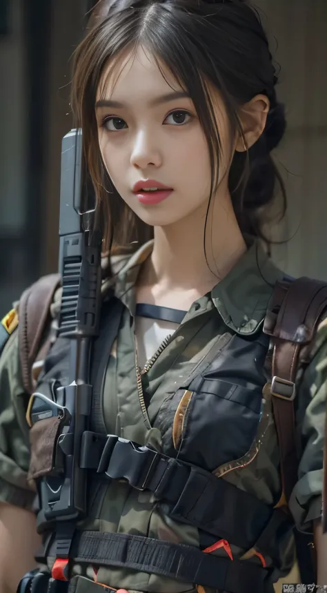 realistic, High resolution, 1 female, 15 years old, Japanese, alone, sexy, hip up, show viewer, (detailed face), Swat Vest, gun, jewelry