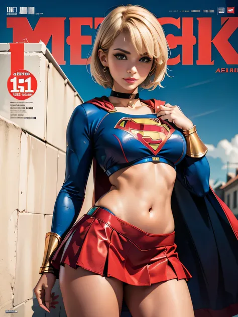 masterpiece、Shorthair Supergirl、big and full breasts、look at the camera、shiny costume、choker、red mini skirt、long sleeve、Navel exposure、Like a magazine cover、Cheerful pose