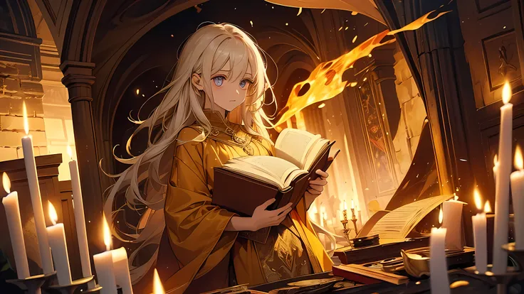 Deep within an underground chamber, a girl with eyes like liquid gold holds an ancient book open before her, and with a wave of her hand, the candles lining the chambers walls burst into dazzling flames, illuminating the secrets hidden within the pages. . ...