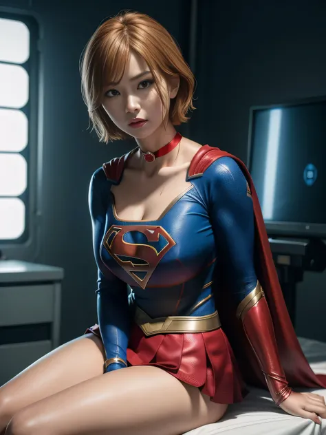 masterpiece、injured supergirl costume, short hair, barefoot, big and full breasts,operating room、operating table、straddle、shiny、look at the camera、choker、long sleeve、red mini skirt