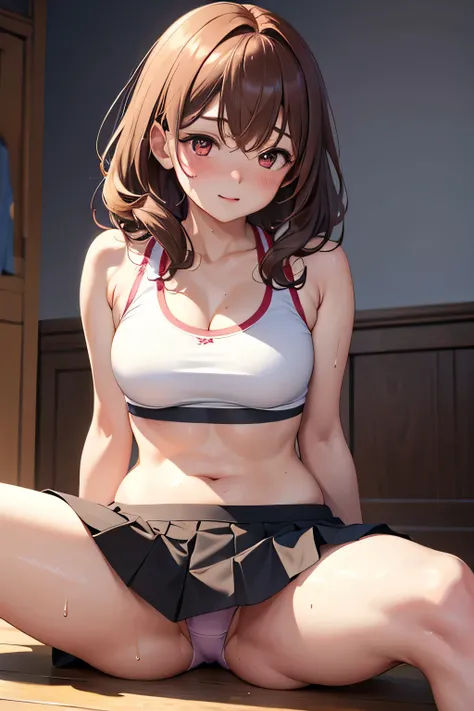 ((4K, masterpiece, highest quality)), 1 girl, anime, Light brown SHRT hair, red eyes, center parted hair, medium breasts, cute, blush, play sports often, morning, Sweat,pleated skirt, underwear, Low - Angle,  spread your legs