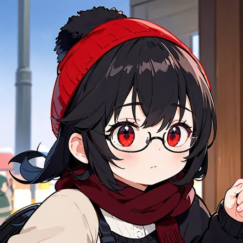 (masterpiece), best quality, expressive eyes, perfect face, red eye, black beanie, fluffy cut black hair, black scarf, tool bag black, black school sweater, short skirt, Round Glasses Black, park, close up