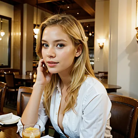 pretty beautiful blonde girl eating at a table in a fancy restuarant