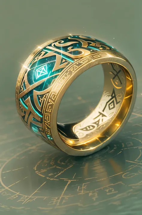 (Best quality,4K,a high resolution), foreground, glowing rune AI,Wedding ring,round gold ring with fantastic magical atmosphere,elegant, with intricate glowing runic lines,shiny and eye-catching,runic ring with small, a sparkling rainbow-colored diamond on...