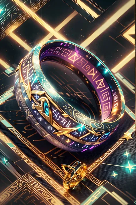 (Best quality,4K,a high resolution), foreground, glowing rune AI,Wedding ring,round gold ring with fantastic magical atmosphere,elegant, with intricate glowing runic lines,shiny and eye-catching,runic ring with small, a sparkling rainbow-colored diamond on...