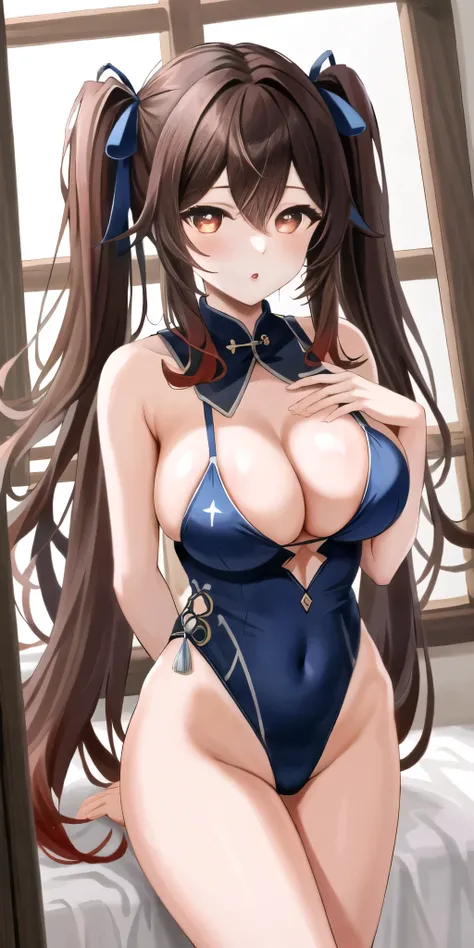 masterpiece, highest quality,
1 girl, Futao (genshin impact), Butao,have, red eyes, twin tails, brown hair, alone, pupil in the shape of a symbol, long hair,bangs,  cheongsam clothing, Super big breasts, leotard,  High leg, eyes are heart、bikini、Clothes wi...