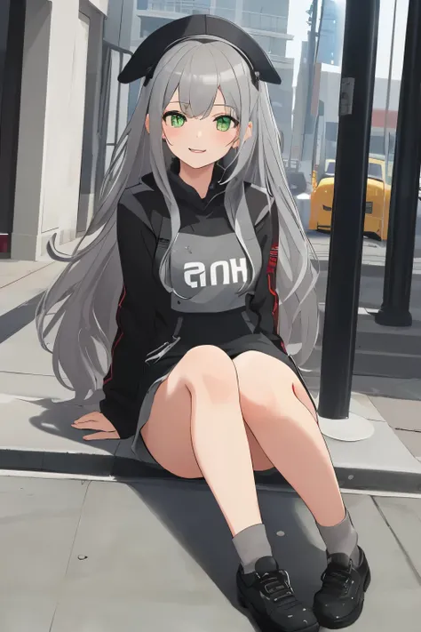 ((Masterpiece), top-quality, Top image quality, ((((solo)))), ((((gray hair)))), long hair, Beautiful green eyes, dye ones cheeks red, smile, teens girl, 18yo, cute, 8k, fullbody