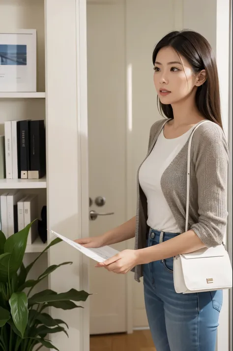 a woman looking at condo information. Talk to a real estate agent to check the return on your investment.