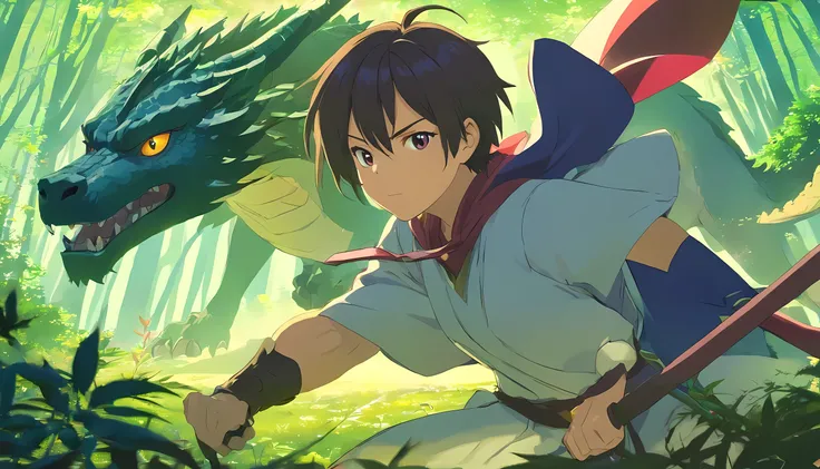 kuro no hiero glaphicos novel illustration, a adventurer from medieval era, fighting with dragon in background, medieval era forest, at morning time, detailed face, face to detail, half-body illustration (0.6), absurdres, highly detailed CG, makoto shinkai...