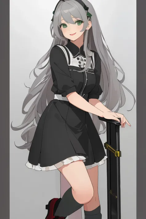 ((Masterpiece), top-quality, Top image quality, ((((solo)))), ((((gray hair)))), long hair, Beautiful green eyes, dye ones cheeks red, smile, teens girl, 18yo, cute, 8k, fullbody