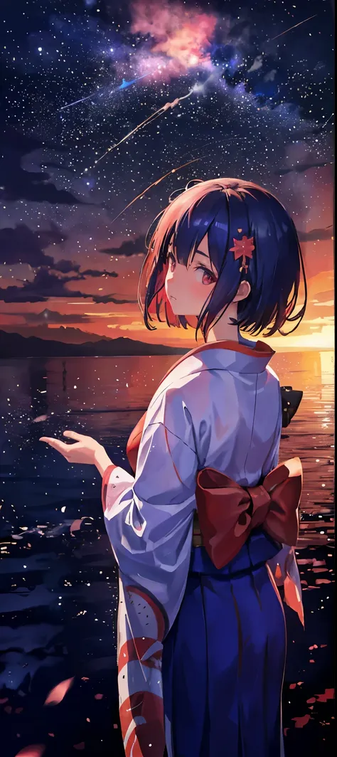 1girl, distant girl wearing a kimono staring at the stars, (zoomed out:1.1), (meteor shower:1.2), (comet:1.1), your name, low angle, from behind, aroura borealis, shooting star, yukata, red kimono, cherry blossoms, standing in a field,best quality, masterp...