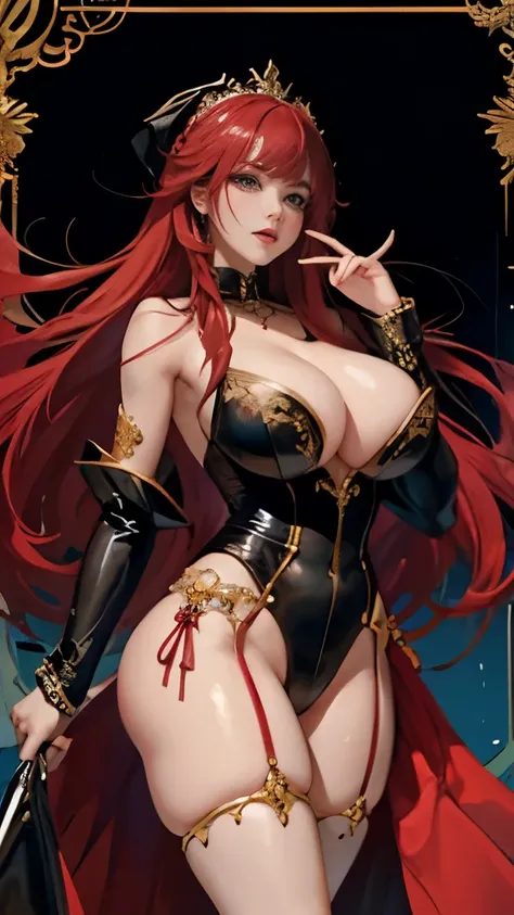 Anthropomorphic Aquarius、(​masterpiece、top-quality、top-quality)、(((Beautiful anime style girl、)))、28 year old、oversize model、prefect huge breasts, huge cleavage, black and red, black border, thick thighs, almost naked, angry, butiful face, sexy pose, Tarot...