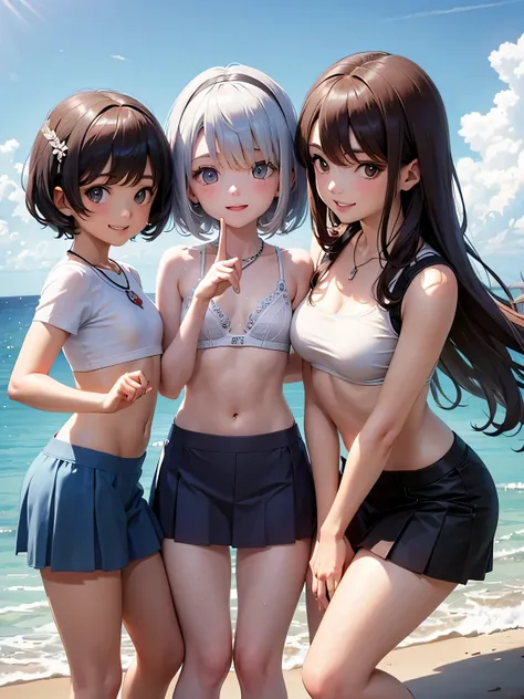 ((highest quality)), ((masterpiece)), (pretty girl), (3 girls:1.3), cute three girls are posing for a camera outdoors in the water, shirtをつかむ, stand side by side, (Close-up shot from the knee:1.3), perfect face, smile, (open your mouth and smile:1.3), emba...