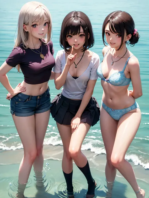 ((highest quality)), ((masterpiece)), (pretty girl), (3 girls:1.3), cute three girls are posing for a camera outdoors in the water, shirtをつかむ, stand side by side, (Close-up shot from the knee:1.3), perfect face, smile, (open your mouth and smile:1.3), emba...